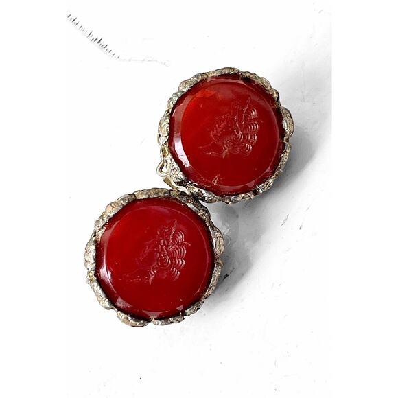 Vintage Carnelian Intaglio Clip Earrings Vintage Silver Tone 80s Cameos - Picture 2 of 6